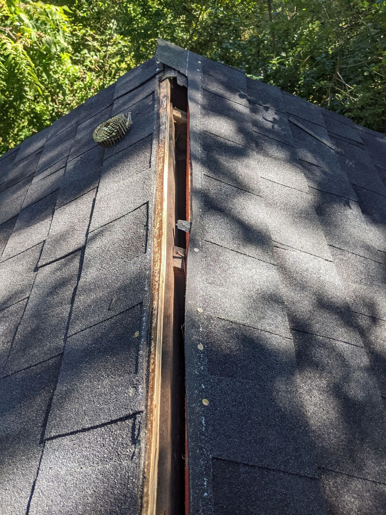 Roof ridge with new framing and shingles along a repaired section